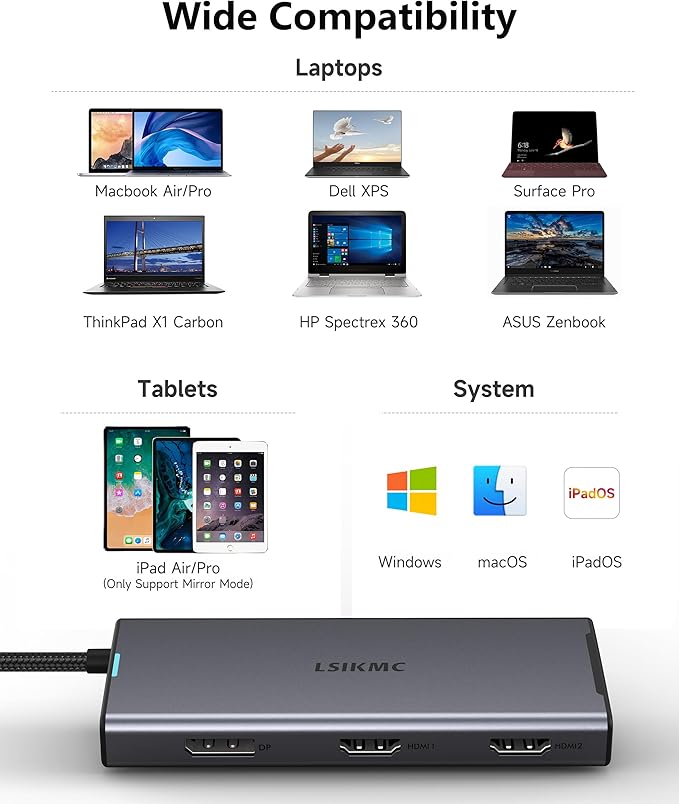 USB-C Laptop Docking Station for Triple Monitor | 7-in-1 Dock with DP 4K@160Hz/8K@30Hz + Dual HDMI 4K@60Hz, 10Gbps USB A/C, 100W PD | Laptop Dock for Windows/Mac