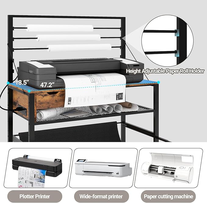 Natwind Wide Format Printer Stand, Plotter Workbench Table with Pull-Out Drafting Storage, Roll Paper Holder, Accessory Drawer, Adjustable Storage Shelf for Plotters and Cutting Machines (Retro)