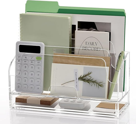 YUXUN Acrylic Mail Organizer for Desk - Transparent 3-Compartment Letter Sorter with Drawer, Clear Desktop File Holder for Office, Home, Classroom