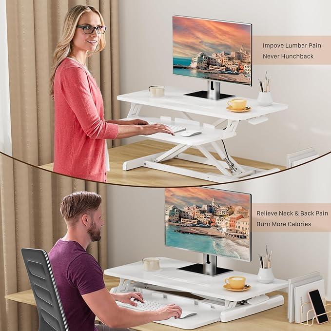 JOY worker Standing Desk Converter, 32" Wide Height Adjustable Sit Stand Up Desk Riser with Keyboard Tray, Desktop Workstation Riser for Home Office Computer Laptop, Particle Board, White