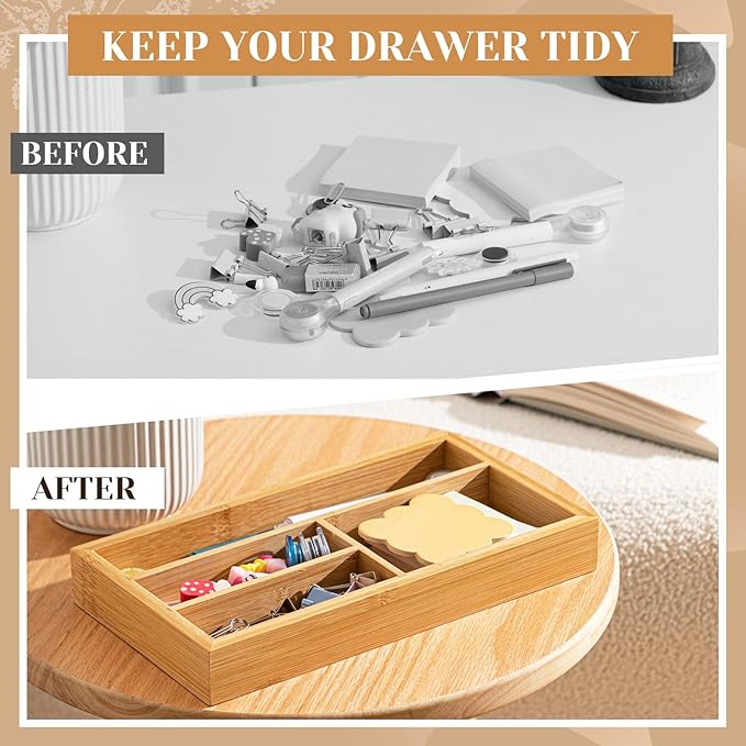 Weysat Irregular 4 Slots Bamboo Wood Desk Drawer Organizer 11"x6" Office Desk Organizer Tray Drawer for Office Supplies Makeup Jewelry Vanity