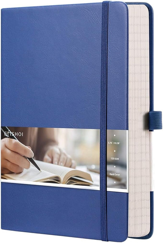 EMSHOI Lined Journal - 120gsm Thick Paper College Ruled Notebook with Sticky Notes, 256 Numbered Pages, A5 Hardcover Leather for Women & Men Work, School, Writing - (5.75”x8.38”) Blue