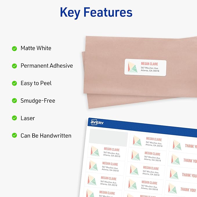 Avery Easy Peel Printable Address Labels with Sure Feed, 1" x 2-5/8" Customizable Stickers, White, 3,750 Blank Mailing Labels, Great for Mailing, Shipping, and More (5-Pack of 5260)