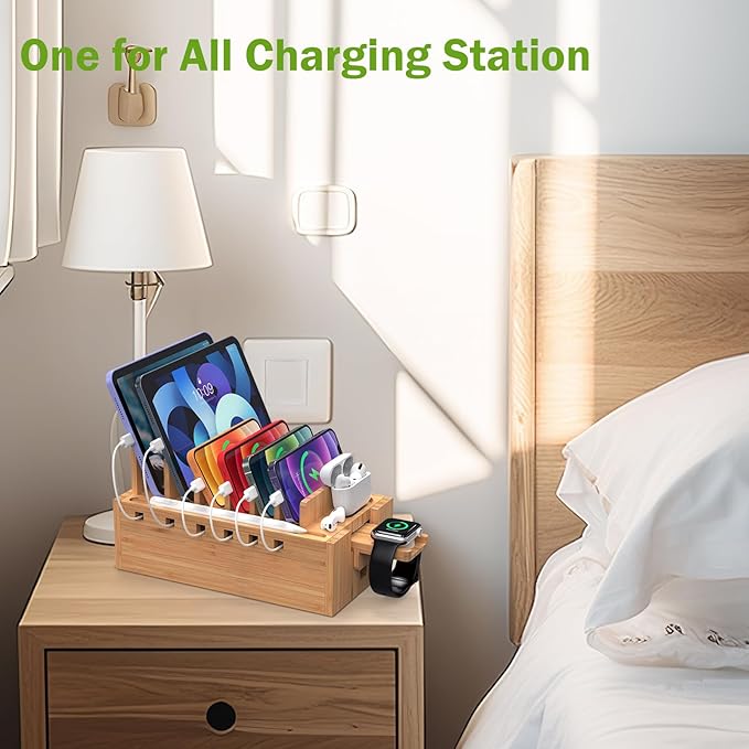 Pezin & Hulin Bamboo Charging Station for Multiple Devices with 5 Port USB Charger, 5 Cables and Watch Stand. Wood Desktop Docking Stations Organizer for Cell Phone, Tablet, Watch, Office Accessories