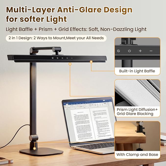 LIONVISON Desk Lamps for Home Office: 2 in 1 Eye-Caring Modern LED Desk Lamp for Worker - 5 Color Temperature 10 Brightness Computer Light - Memory & Timer Func Desk Light for Student, Seniors