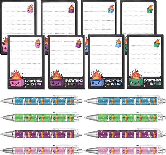 Dumpster On Fire Desk Accessories - 8 PCS Cute Sticky Notes + 8PCS Ballpoint Pens, It's Fine I'm Fine Everything is Fine,Memo Notes Funny Office Gifts for Women Men Coworkers