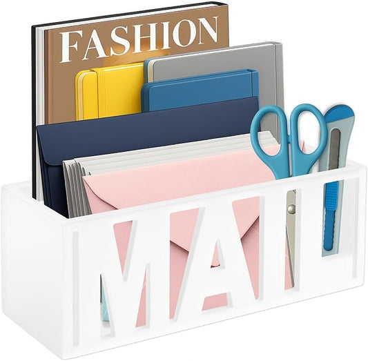 Mail Organizer Countertop – White Holder for Desk or Wall, Decorative Desktop Sorter, Envelope Tray & Bill Storage with Compact Size for Home Office Organization Accessories (11x4x4 in)