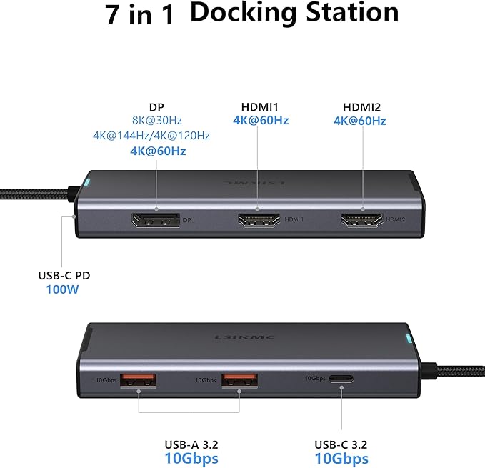 USB-C Laptop Docking Station for Triple Monitor | 7-in-1 Dock with DP 4K@160Hz/8K@30Hz + Dual HDMI 4K@60Hz, 10Gbps USB A/C, 100W PD | Laptop Dock for Windows/Mac