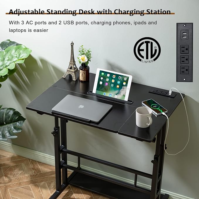 Hadulcet Stand Up Desk, Rolling Desk Adjustable Height, Mobile Standing Desk with Wheels & Charging Station, Portable Stand for Laptop, Rolling Computer Cart TV Tray, Small Standing Desk Drawing Table
