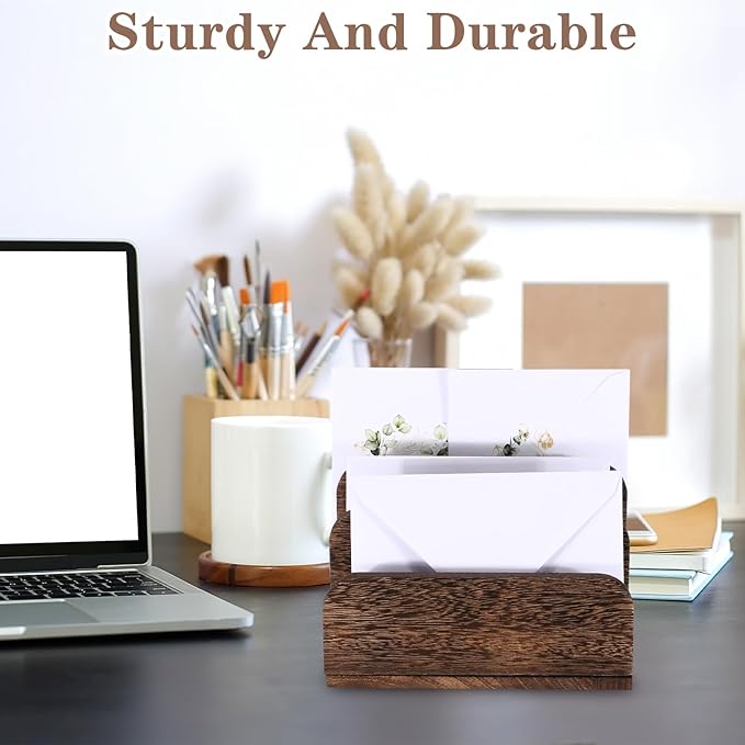 Wooden Mail Holder 3 Slots Mail Organizer for Desk Wood File Paper Letter Sorter for Letter Envelope Filing Cell Phone Document Storage, Organizer Tray for Office and Home (Dark Brown)