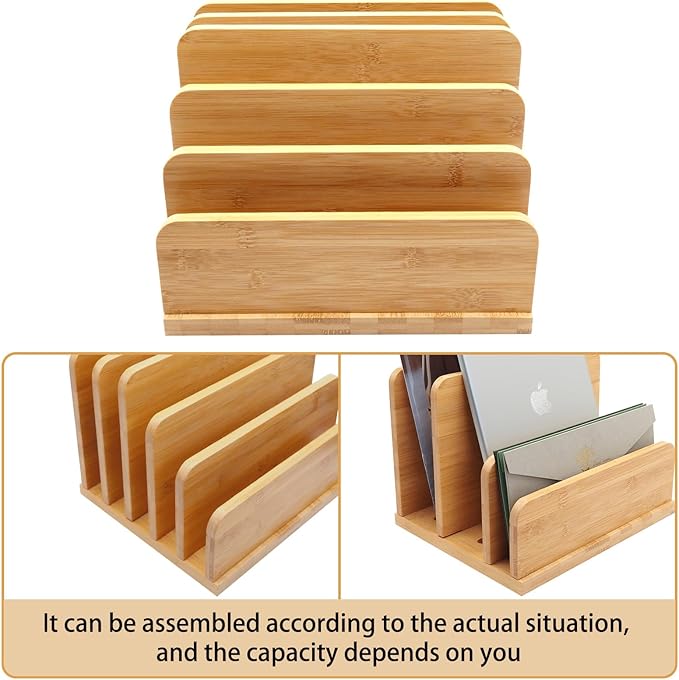 Desk File Mail Organizer Countertop, 5 Slots Bamboo Folder Sorter Holder for Letter, Envelope, Paper, Bill Filing, Desktop Tray Organizer for Office & Home