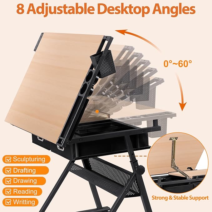 Drafting Table Drawing Desk w/Power Outlet, Art&Craft Work Station Height Adjustable Tilting Tabletop Craft Table Desk w/Stool and 2 Storage Drawers for Home Office, Natural