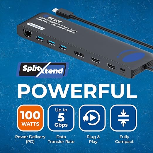 OREI SplitExtend 4K Splitter Extended Display Triple Monitor 2, 1 DisplayPort Docking Station 4 Separate Screens - USB-C to HDMI Adapter, 100W PD LAN, 4 USB 3.0, MircoSD, Windows, Mac OS