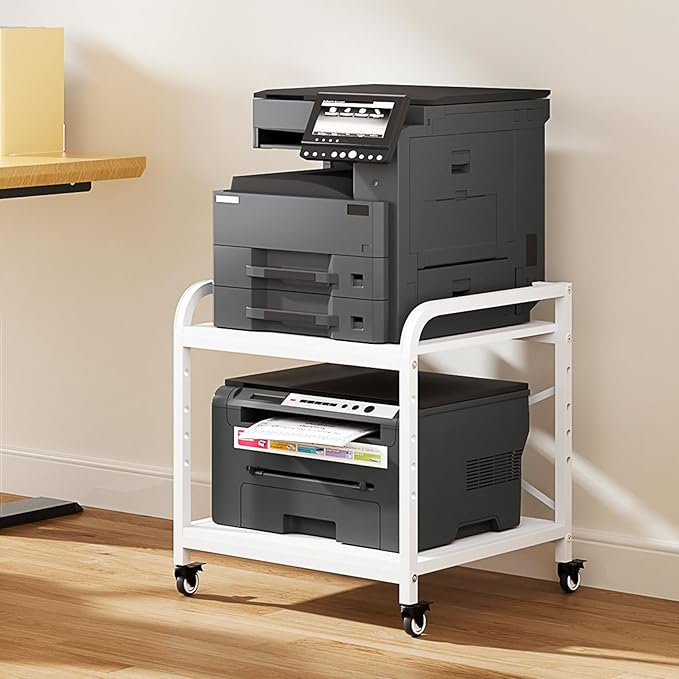 20 Inches Large White Printer Stand, 2-Tier Under Desk Printer Table with Height Adjustable Shelf, Rolling Printer Cart with Industrial Wheels for Home Office (White)