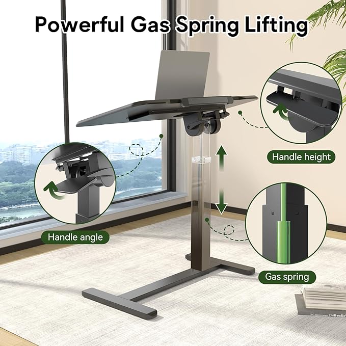 Rolling Laptop Desk, Mobile Standing Desk Height Adjustable, 180° Tiltable Overbed Bedside Table, Portable Computer Desk with Lockable Wheels, Foldable Laptop Cart for Home Office, Black