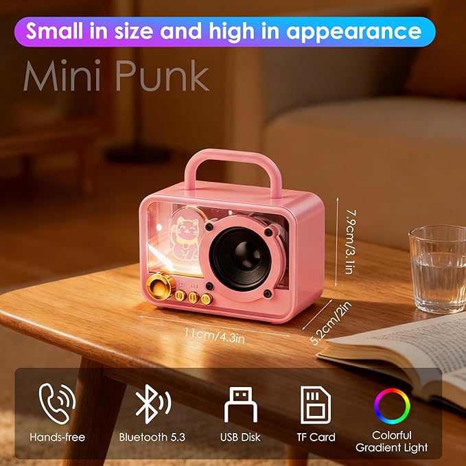 Portable Bluetooth Speaker with RGB Lights, Stereo Sound Punchy Bass, Mini Wireless Bluetooth Speaker, Cute Fashion Style for Kitchen Desk Bedroom Office Party Outdoor, Birthday Gifts