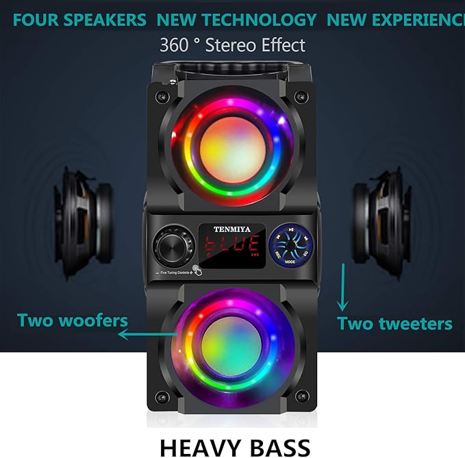 Bluetooth Speaker, 40W (60W Peak) Portable Wireless Speaker with Colorful Lights, Double Subwoofer Heavy Bass, FM Radio, MP3 Player, Bluetooth 5.0, Loud Stereo speakers for Home Outdoor Party Camping