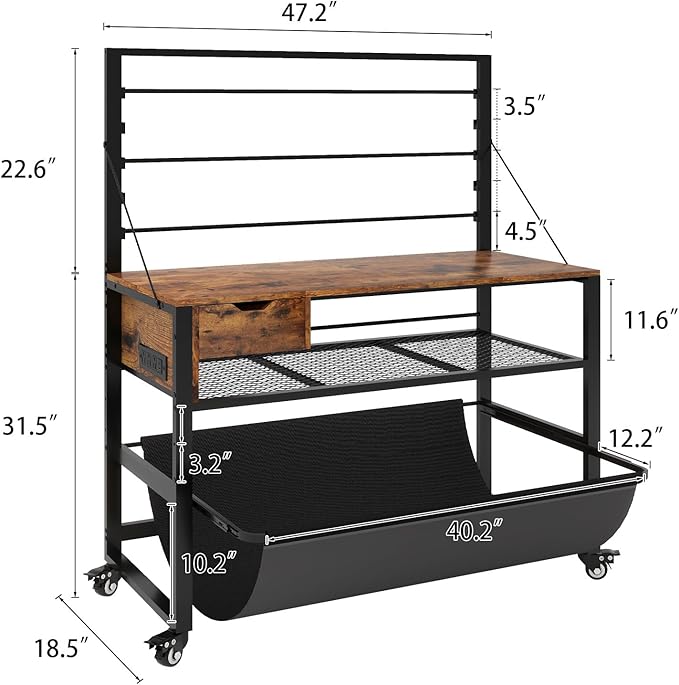 Natwind Wide Format Printer Stand, Plotter Workbench Table with Pull-Out Drafting Storage, Roll Paper Holder, Accessory Drawer, Adjustable Storage Shelf for Plotters and Cutting Machines (Retro)