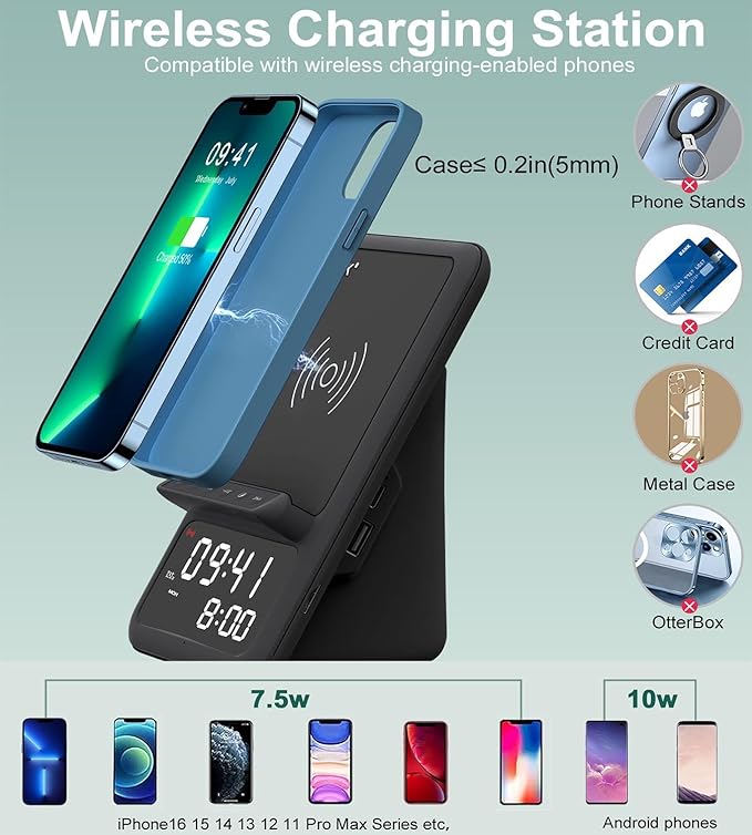 AFK Wireless Charging Station with Bluetooth Speaker and Alarm Clock,Wireless Charger Compatible with iPhone,Android Phones(Black)