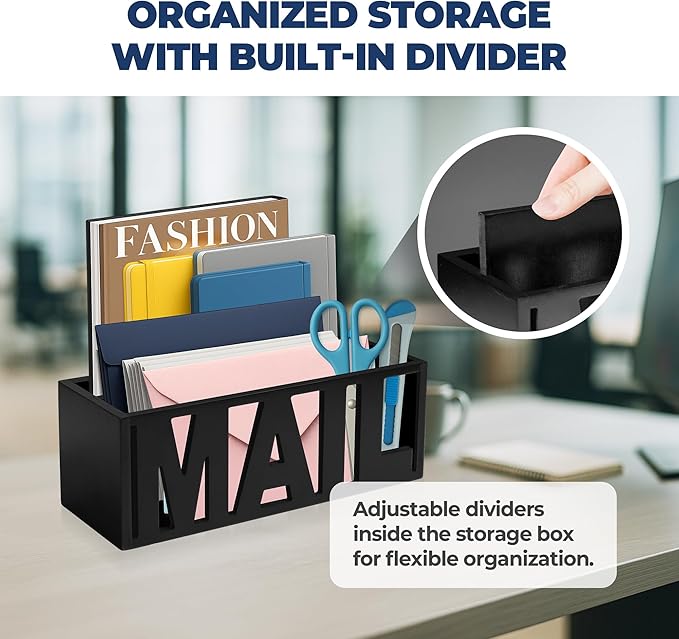 Mail Organizer Countertop – Black Holder for Desk or Wall, Decorative Desktop Sorter, Envelope Tray & Bill Storage with Compact Size for Home Office Organization Accessories (11x4x4 in)