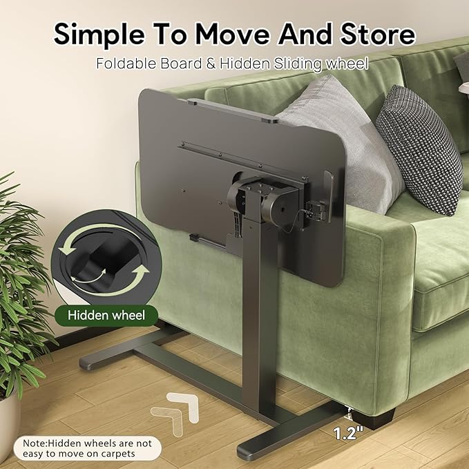 Rolling Laptop Desk, Mobile Standing Desk Height Adjustable, 180° Tiltable Overbed Bedside Table, Portable Computer Desk with Lockable Wheels, Foldable Laptop Cart for Home Office, Black