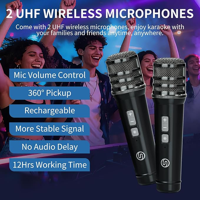 120W Peak Powerful Voice Amplifier with 2 UHF Microphones, Bluetooth Speakers with Bass/Trable/Echo Adjustment, Small PA Speaker System, Karaoke Machine for Adults, Teachers, Public Speaking, Events
