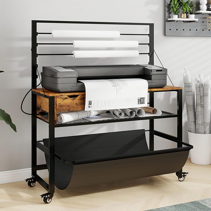 Natwind Wide Format Printer Stand, Plotter Workbench Table with Pull-Out Drafting Storage, Roll Paper Holder, Accessory Drawer, Adjustable Storage Shelf for Plotters and Cutting Machines (Retro)