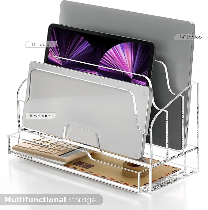 YUXUN Acrylic Mail Organizer for Desk - Transparent 3-Compartment Letter Sorter with Drawer, Clear Desktop File Holder for Office, Home, Classroom