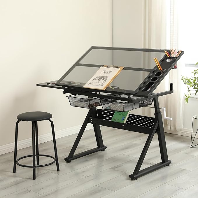 Drafting Table with Stool, Upgraded Hand Crank Height Adjustable Drawing Table Art Table Painting Table Art Craft Desk with 0-75° Tilting Glass Tabletop for Home Office, Black