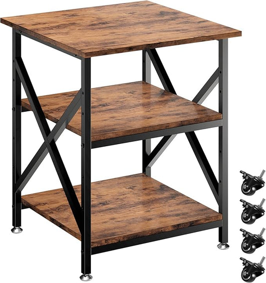 Ollieroo 3 Tier Printer Stand, Large Table with Wheels, Rolling Cart with Height Adjustable Middle Storage Shelf, 23.6 x 23.6 x 30.3 Inches Shelf for Home Office, Vintage Brown
