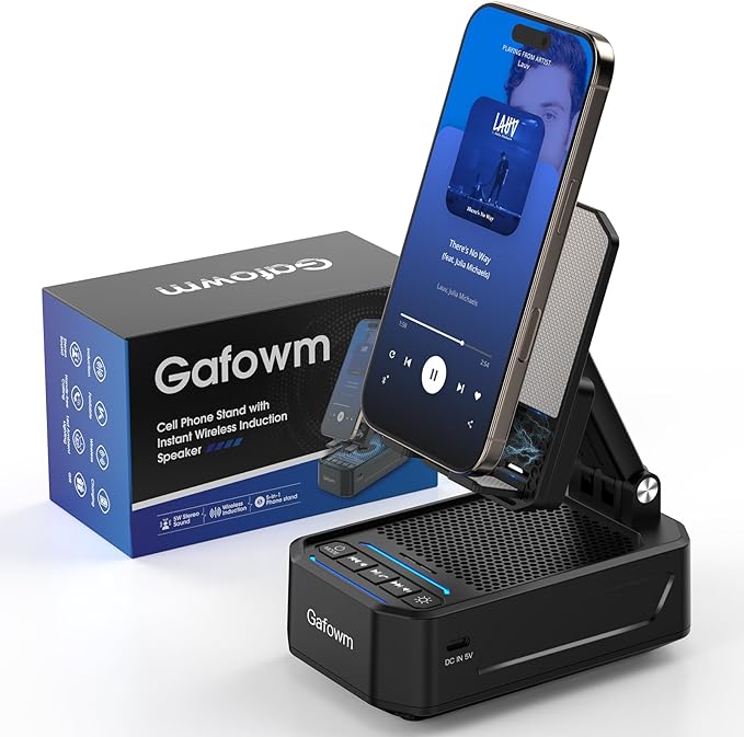 Cell Phone Stand with Instant Wireless Induction Bluetooth Speaker, No Bluetooth Pairing Needed, 1-Second Connection, HD Surround Sound, Practical Gifts for men, women, Dad, Mom, Hearing Impaired