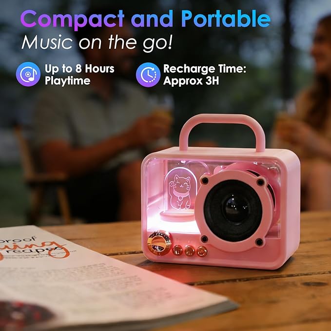 Portable Bluetooth Speaker with RGB Lights, Stereo Sound Punchy Bass, Mini Wireless Bluetooth Speaker, Cute Fashion Style for Kitchen Desk Bedroom Office Party Outdoor, Birthday Gifts