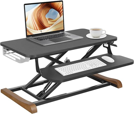 Height Adjustable Standing Desk Converter with Keyboard Tray, 26x16 Inch, Sit to Stand Desk Riser with Elegant Side Cover and Wooden Feet, Compact Monitor and Laptop Riser for Home & Office, Black