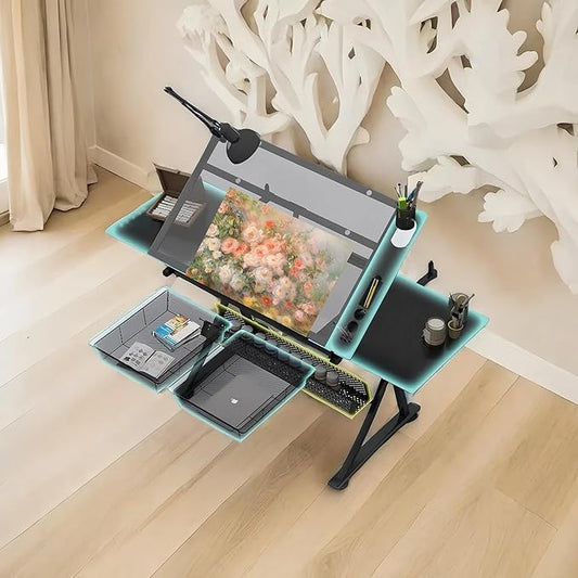 Donfafecuer Adjustable Drafting Table for Adults Professional Art Table 2 Storage Drawers Height Adjustable Home Office Reading Painting Tempered Glass Top Modern Black Design