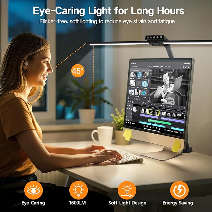 OUTON 29.5" LED Desk Lamp with Clamp, USB-A & USB-C Ports, Touch & Remote Control, 5 Color Temperatures, Stepless Dimming, Timer & Memory Function, 24W Eye-Care Monitor Light for Home Office & Study