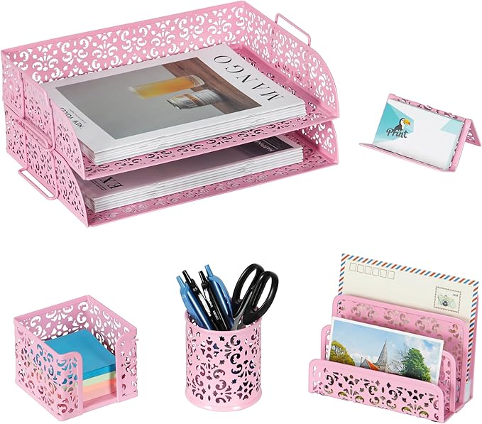 EasyPAG Desk Organizers and Accessories 5 Pieces Office Supplies Set - 2 Tier Paper Tray, Pencil Organizer for Desk, Mail Sorter Countertop, Business Card Holder and Sticky Note Holder, Pink