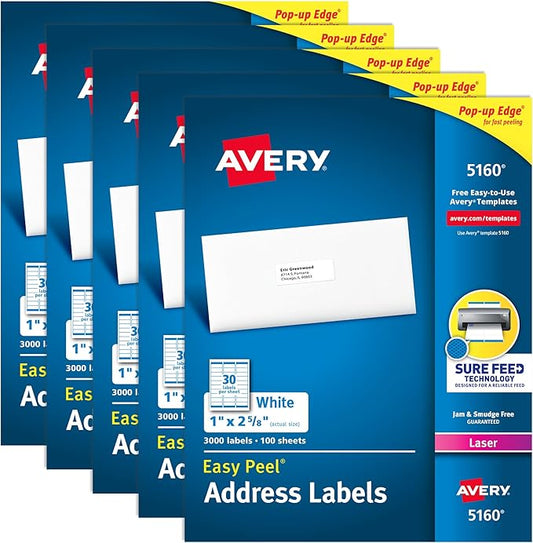 Avery Easy Peel Printable Address Labels with Sure Feed, 1" x 2-5/8" Customizable Stickers, White, 15,000 Blank Mailing Labels, Great for Mailing, Shipping, and More (5-Pack of 5160)
