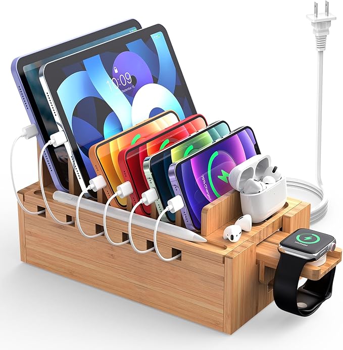 Pezin & Hulin Bamboo Charging Station for Multiple Devices with 5 Port USB Charger, 5 Cables and Watch Stand. Wood Desktop Docking Stations Organizer for Cell Phone, Tablet, Watch, Office Accessories