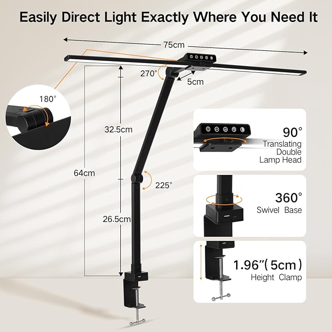 OUTON 29.5" LED Desk Lamp with Clamp, USB-A & USB-C Ports, Touch & Remote Control, 5 Color Temperatures, Stepless Dimming, Timer & Memory Function, 24W Eye-Care Monitor Light for Home Office & Study