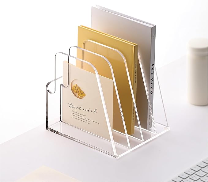 YUXUN Acrylic Magazine Holder,Clear Desk Organzier Workspace Organizers with 4 Vertical Compartments File Sorter for Magazine,Notebooks, Envelopes,Comic Coloring Book Storage(6.6 X 7.2 X 6.7 Inch)