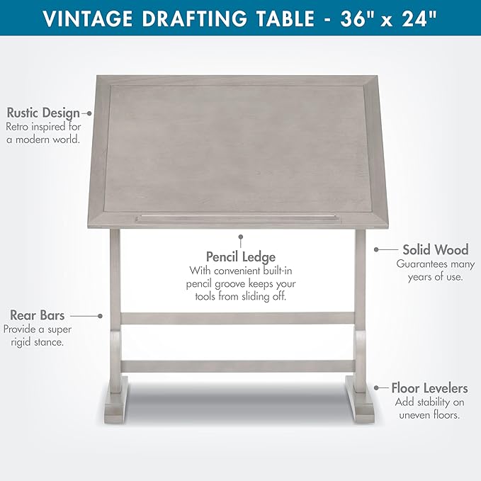 Studio Designs Vintage Drawing/Drafting Table with Pencil Ledge - 36" W x 24" D - Coastal Whitewash - Adjustable Tilting Top