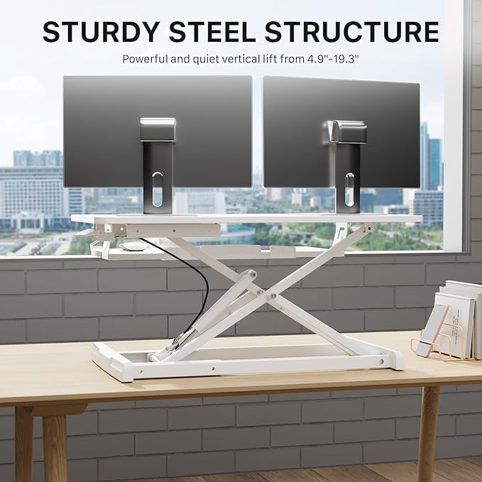 JOY worker Standing Desk Converter, 32" Wide Height Adjustable Sit Stand Up Desk Riser with Keyboard Tray, Desktop Workstation Riser for Home Office Computer Laptop, Particle Board, White