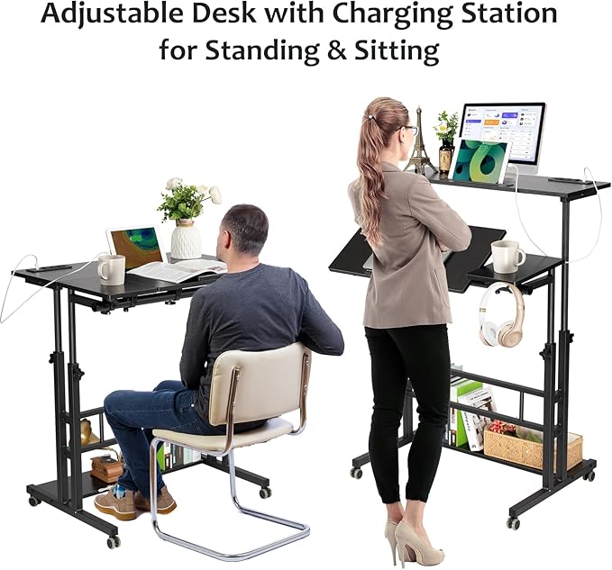 Hadulcet Stand Up Desk, Rolling Desk Adjustable Height, Mobile Standing Desk with Wheels & Charging Station, Portable Stand for Laptop, Rolling Computer Cart TV Tray, Small Standing Desk Drawing Table