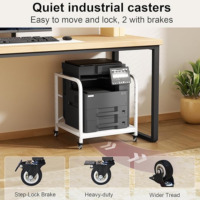 20 Inches Large White Printer Stand, 2-Tier Under Desk Printer Table with Height Adjustable Shelf, Rolling Printer Cart with Industrial Wheels for Home Office (White)