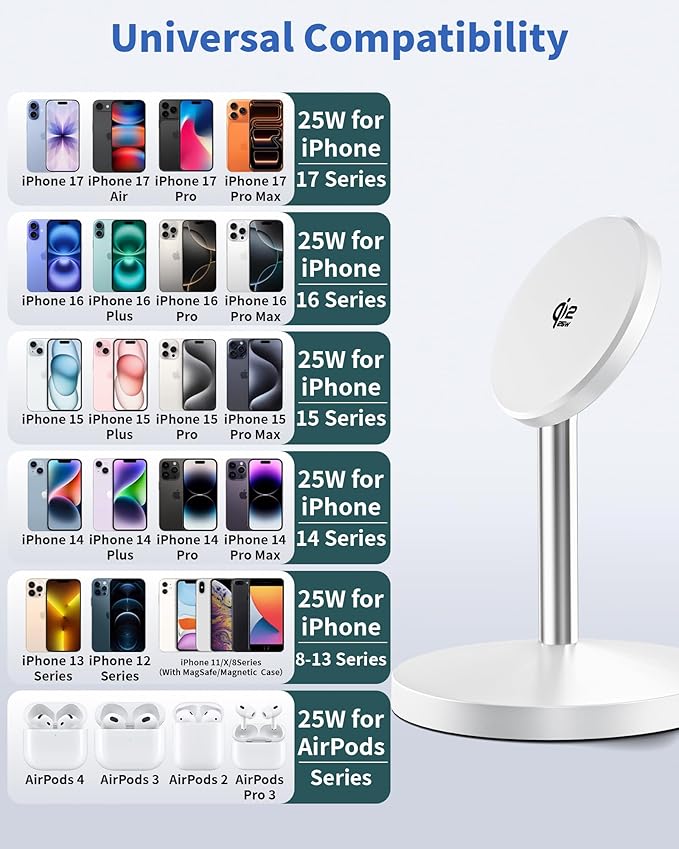 Magnetic Wireless Charger Stand, 25W Fast Mag Safe Charger [Qi2.2 Certified] iPhone Stand, 6FT Magnet Wireless Charging Station/Pad for iPhone 17 Air 17 Pro 17 Pro Max 16 15 14 13 12,AirPods Pro 2/3/4