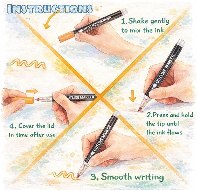 Double Line Outline Pens, 8/12/24/36/48 Colors Glitter Self-Outline Metallic Markers Set, 2mm Precision Tip, Quick-Dry Shimmer Contour Art Pens for Drawing, Coloring & DIY Crafts (12 Color)