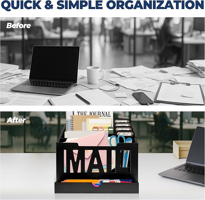 Mail Organizer Countertop – Black Holder for Desk with 4 Slots, Drawer & Label Tags, Decorative Desktop Sorter, Envelope Tray for Home Office Organization (11x7x9.5 in)