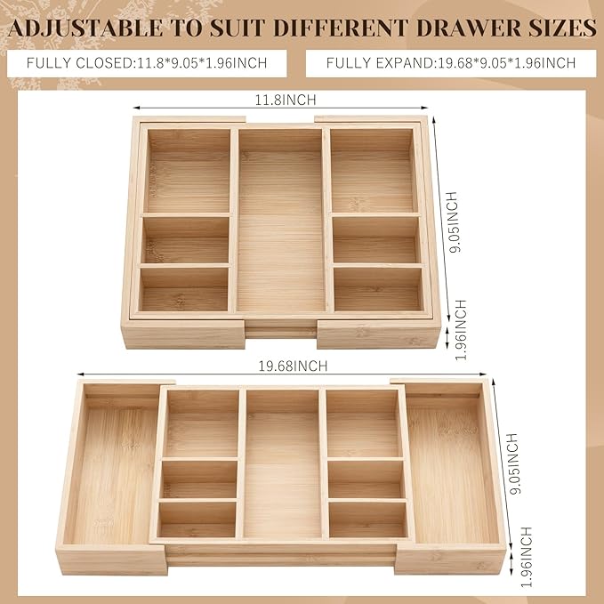 Weysat Sliding Expandable Bamboo Wood Desk Drawer Organizer with 9 Compartments 12"x9" Expandable to 20"x9" Office Desk Organizer Tray Divider Drawer for Office Supplies Makeup Jewelry Vanity