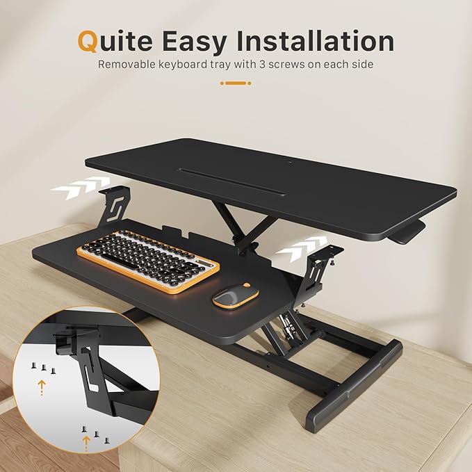 JOY worker Standing Desk Converter, 35" Wide Height Adjustable Sit Stand Up Desk Riser with Keyboard Tray, Desktop Workstation Riser for Home Office Computer Laptop, Particle Board, Black