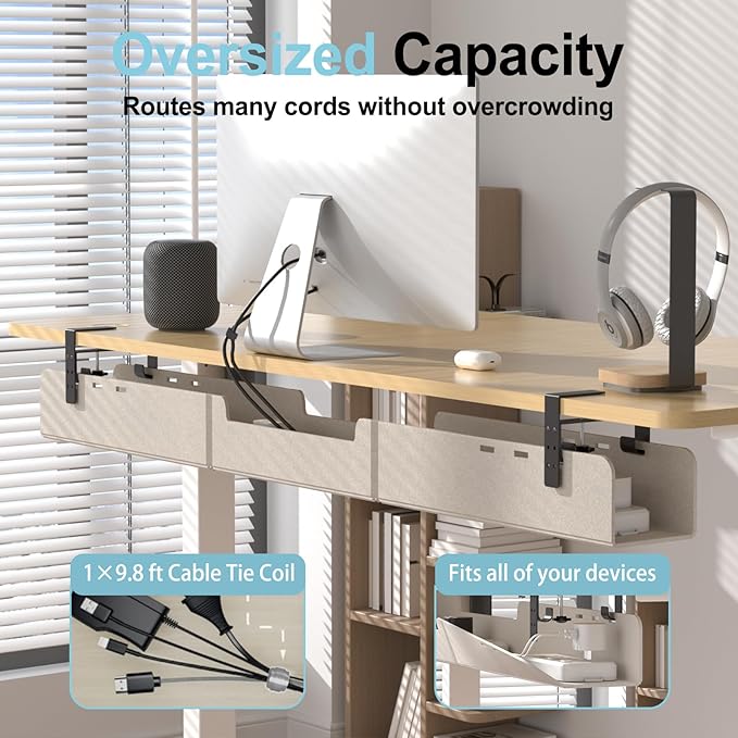 Under Desk Cable Management Tray,No-Drill Upgraded Thickened Felt Cord Organizer with Clamp or Screw Mount,Cable Holder for Standing Desk,Home Or Office(Beige, 47.2")
